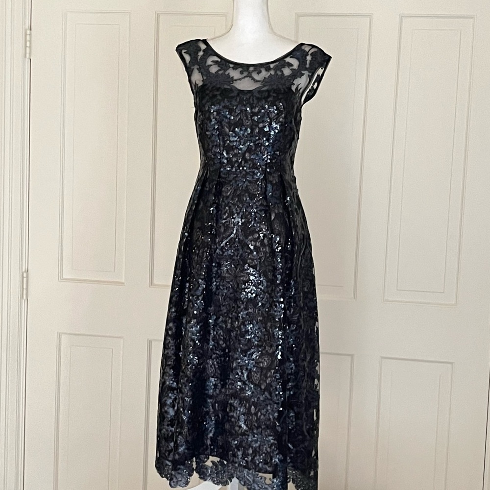 Kay Unger navy black embellished tea length gown 4 - Picture 4 of 13